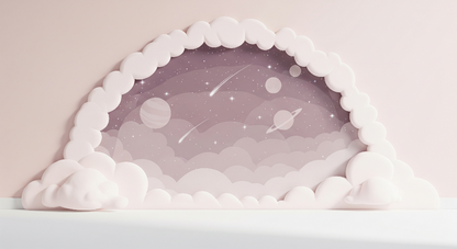 Kids-Mundo flat artwork preview of the cloud-framed starry sky wall mural design