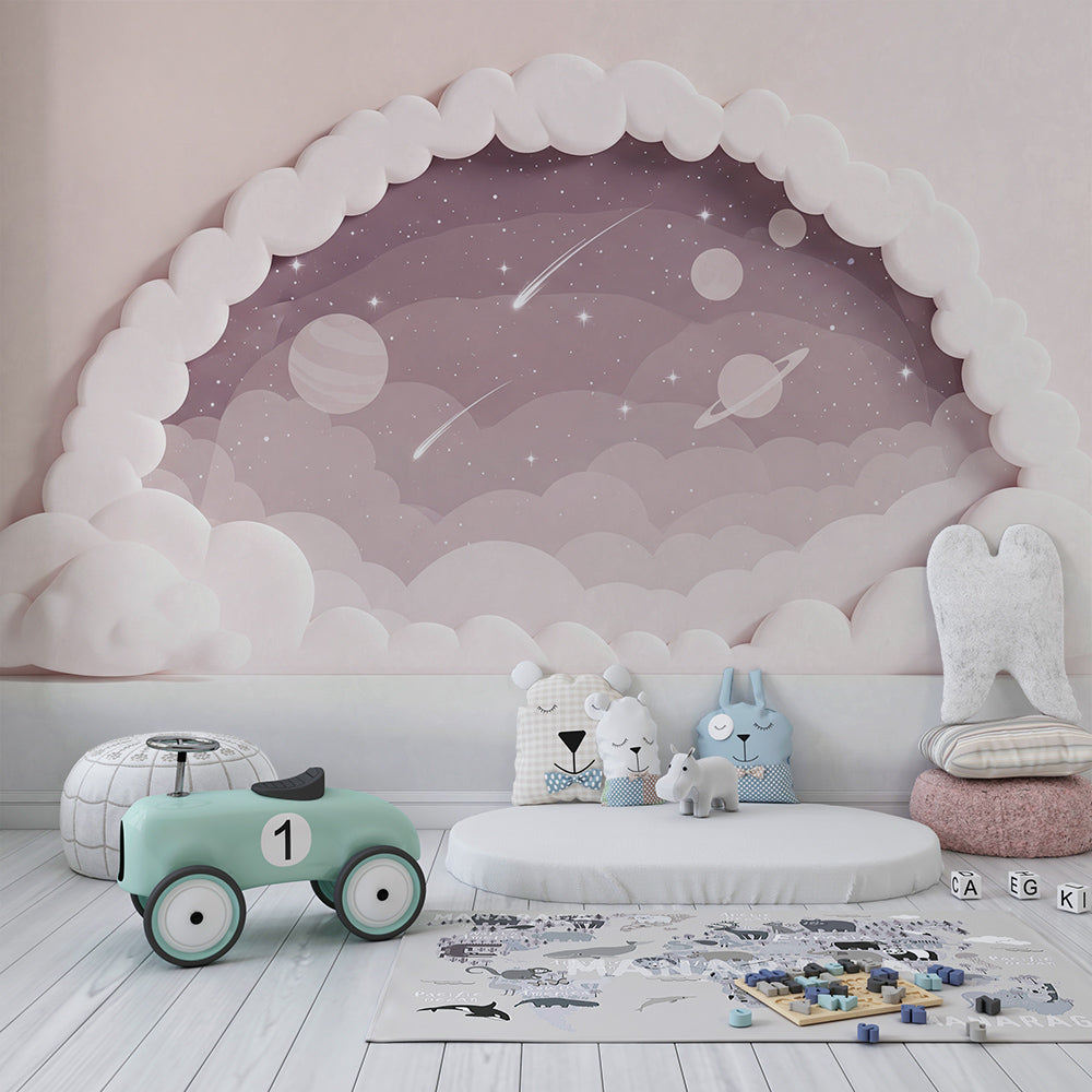 Kids-Mundo cloud frame and shooting star wall mural in a bright children's playroom