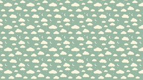 Detailed cloud and moon mural wallpaper design pattern on sage green background by Kids-Mundo