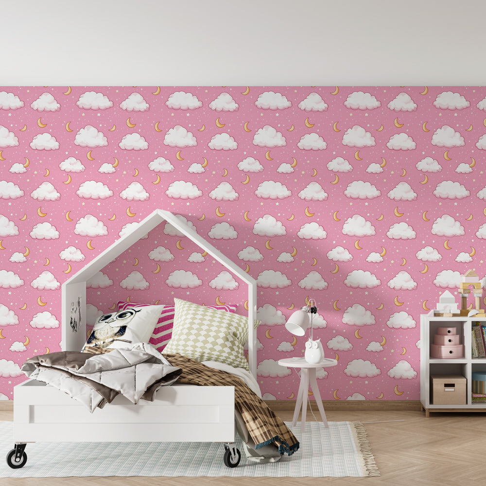 Dreamy cloud and crescent moon wallpaper creating magical kids room by Kids-Mundo