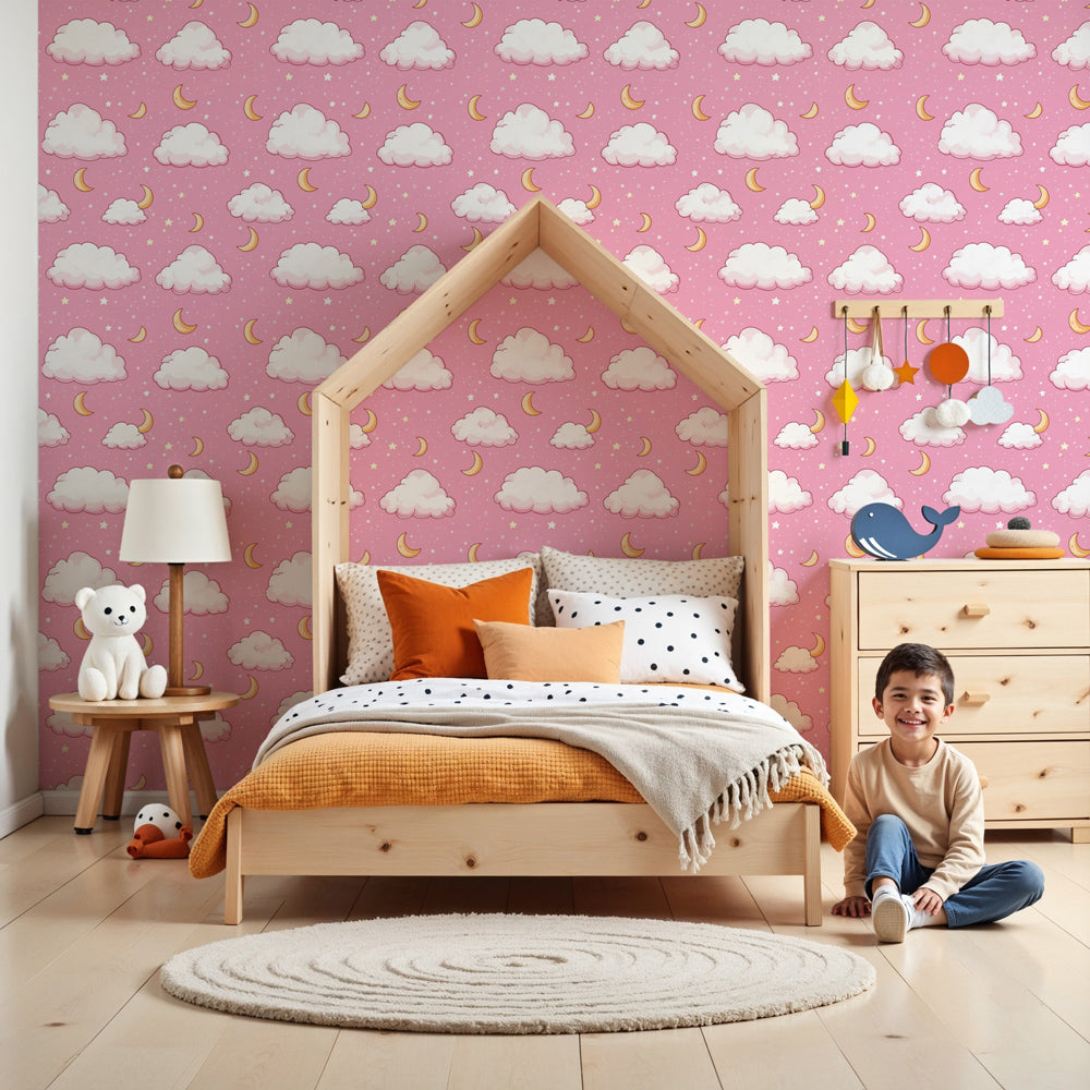 Cloud and moon mural wallpaper in soft pink creating dreamy nursery atmosphere by Kids-Mundo