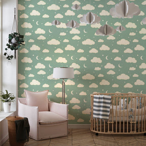 Dreamy cloud and moon wallpaper creating calming sleep environment for children by Kids-Mundo