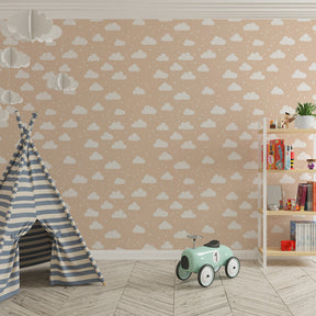 Cloud wallpaper transforming kids bedroom into peaceful sanctuary with white clouds and stars