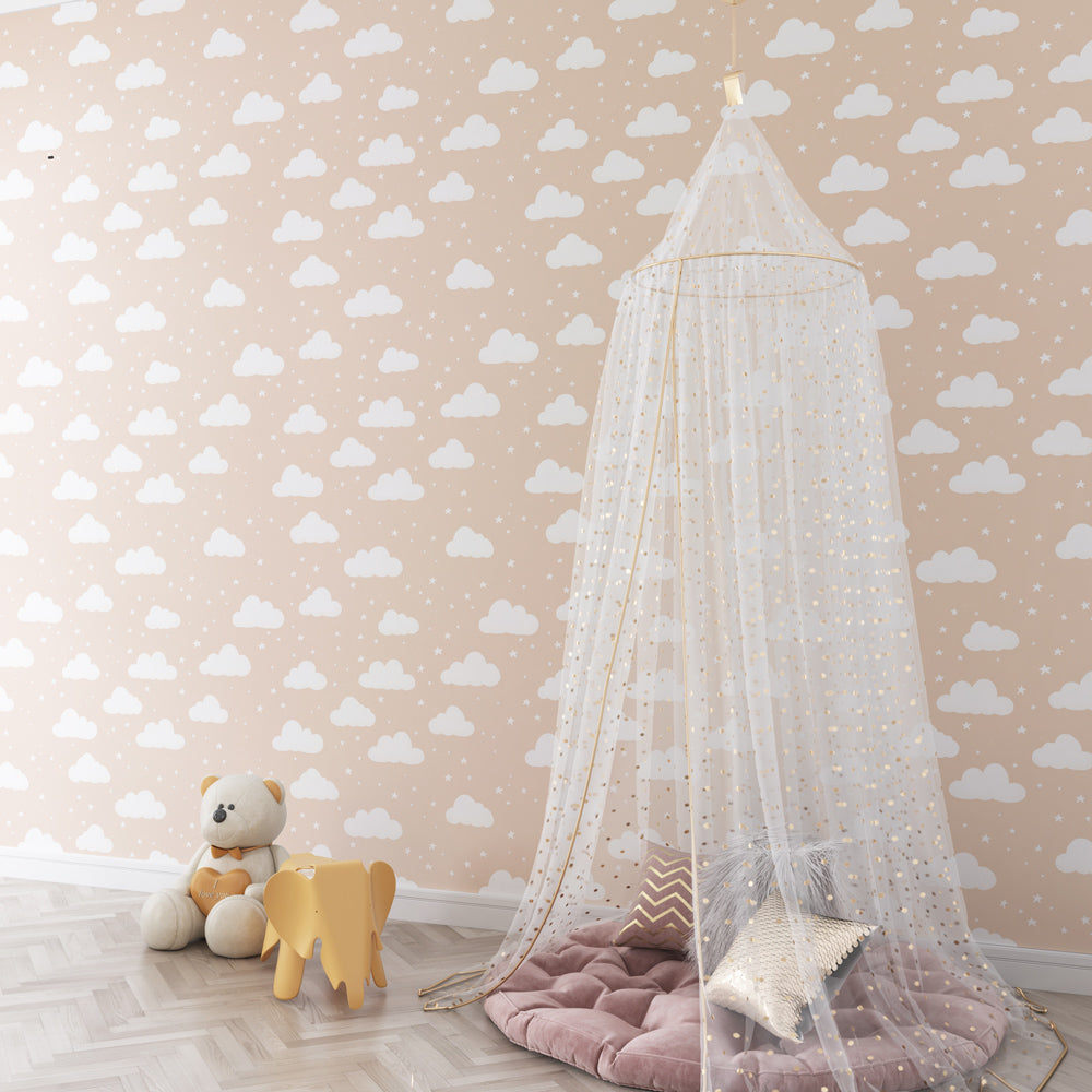 Beige cloud mural wallpaper creating cozy reading corner in children's room by Kids-Mundo