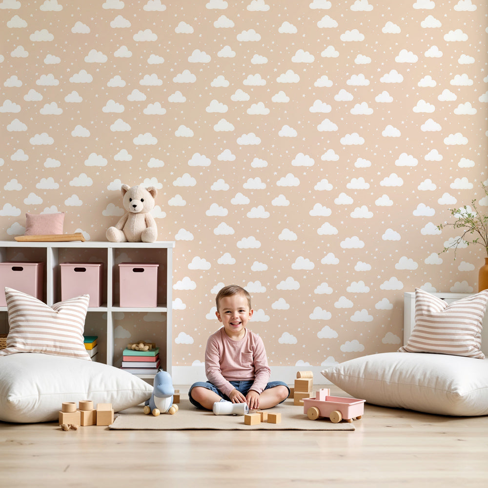 Soft white cloud mural wallpaper creating dreamy nursery decor with beige background by Kids-Mundo