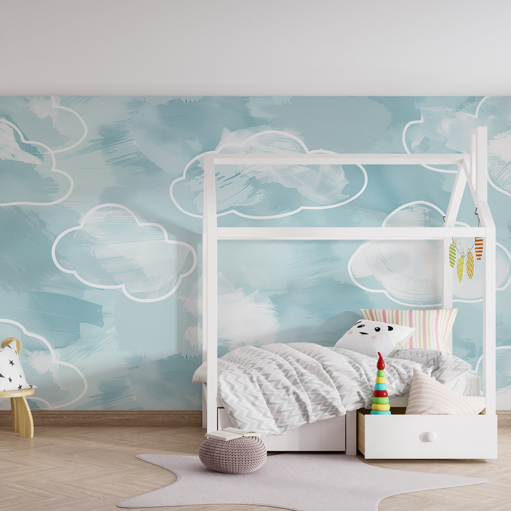 Watercolor cloud mural wallpaper transforming baby nursery into dreamy sky sanctuary