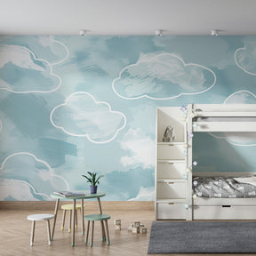 Blue pastel cloud wallpaper creating serene atmosphere in modern kids bedroom decor