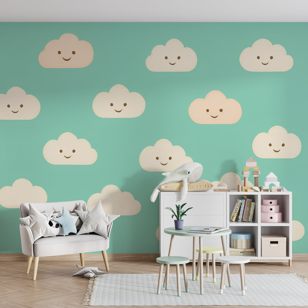 Aqua blue cloud mural wallpaper enhancing bright and airy children's playroom space