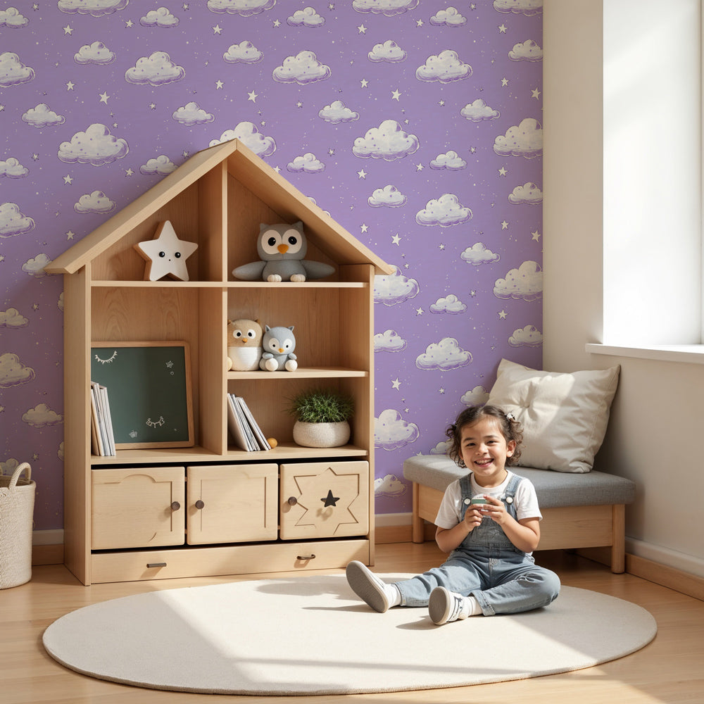 Purple cloud mural wallpaper creating dreamy atmosphere in modern nursery by Kids-Mundo