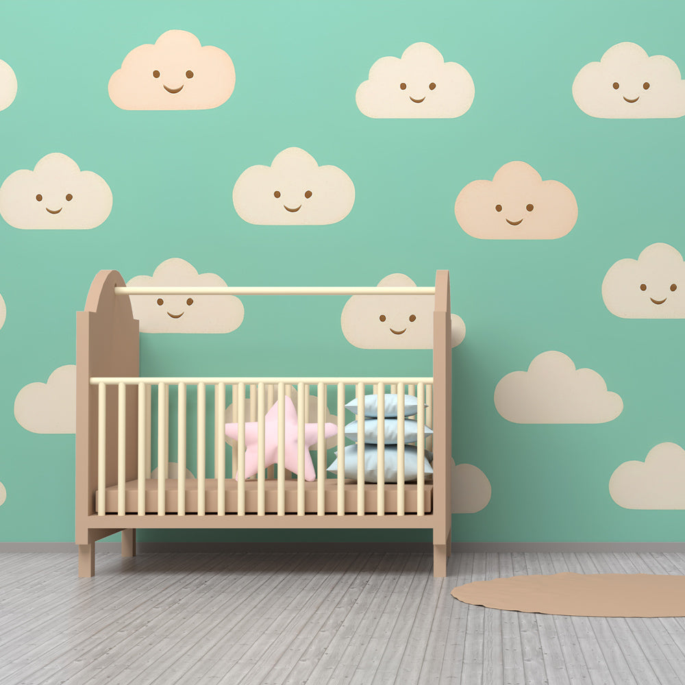 Cheerful cloud wallpaper in modern toddler bedroom with wooden furniture and soft lighting