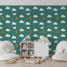 Celestial cloud wallpaper featuring blue sky with stars in modern kids bedroom decor