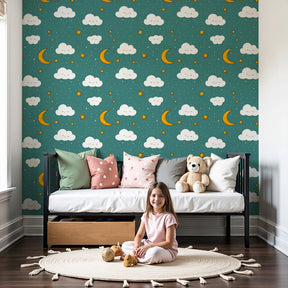Cloud sky mural wallpaper with stars and moon creating peaceful nursery atmosphere by Kids-Mundo