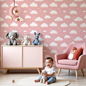 Soft pink cloud stars mural wallpaper creating dreamy nursery atmosphere by Kids-Mundo