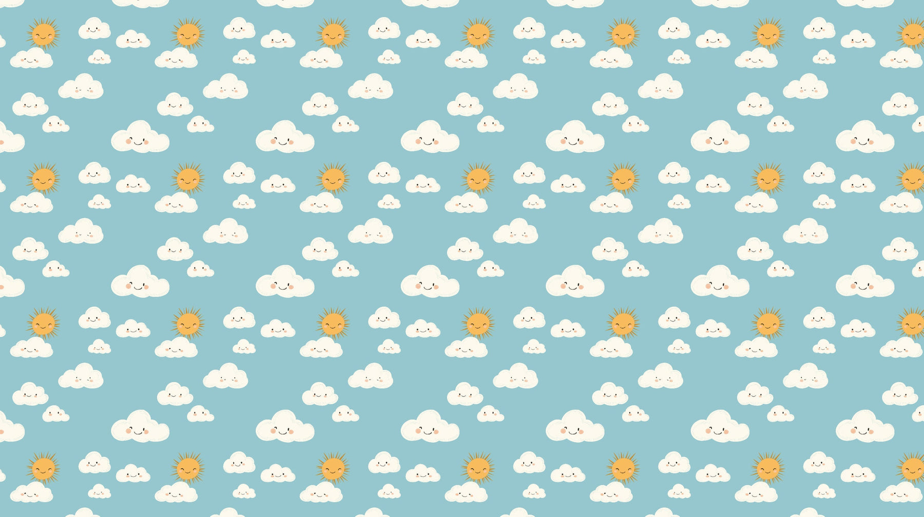 Detailed cloud and sun mural wallpaper design pattern with smiling faces on blue background by Kids-Mundo