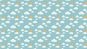 Detailed cloud and sun mural wallpaper design pattern with smiling faces on blue background by Kids-Mundo