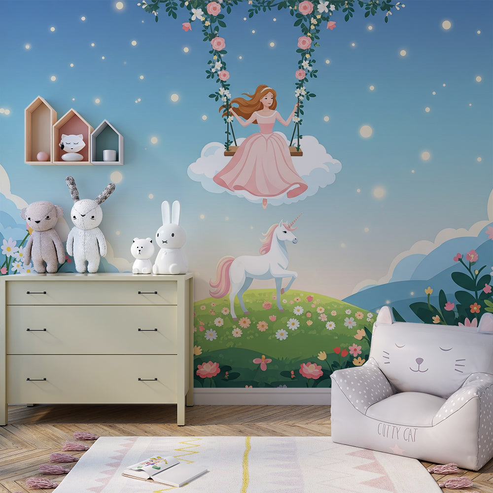 Kids-Mundo cloud swing unicorn mural bringing a dreamy sky to a children's playroom wall