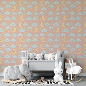 Smiling sky mural wallpaper in modern kids bedroom with light wood furniture