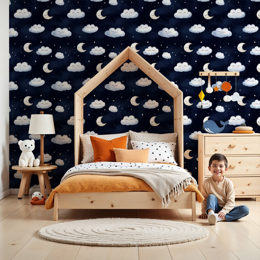 Dreamy clouds and moon mural wallpaper in cozy nursery setting by Kids-Mundo