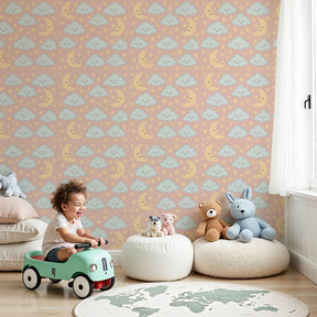 Clouds and moon mural wallpaper creating dreamy nursery atmosphere by Kids-Mundo