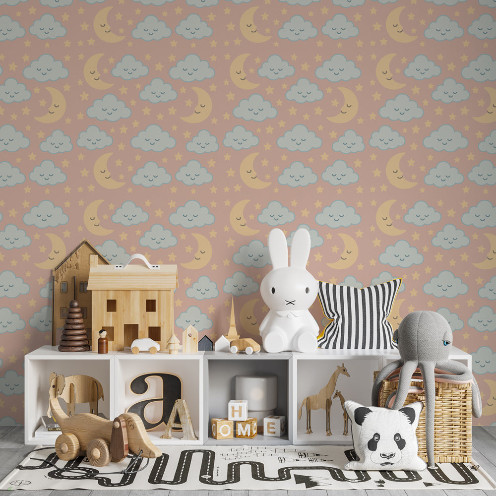 Celestial mural wallpaper with clouds and moons in soft pastel kids room setting