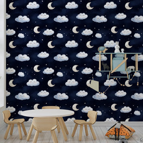 Starry night mural wallpaper transforming toddler room into dreamy sleep space