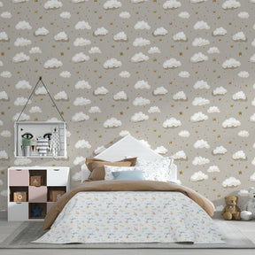 Dreamy beige nursery wallpaper with golden stars creating peaceful kids bedroom atmosphere