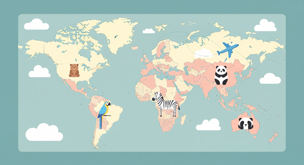 Kids-Mundo flat artwork of a blue world map mural with clouds and animals
