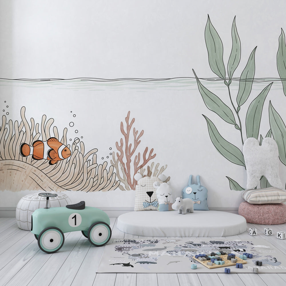 Underwater mural wallpaper creating peaceful marine atmosphere in children's room