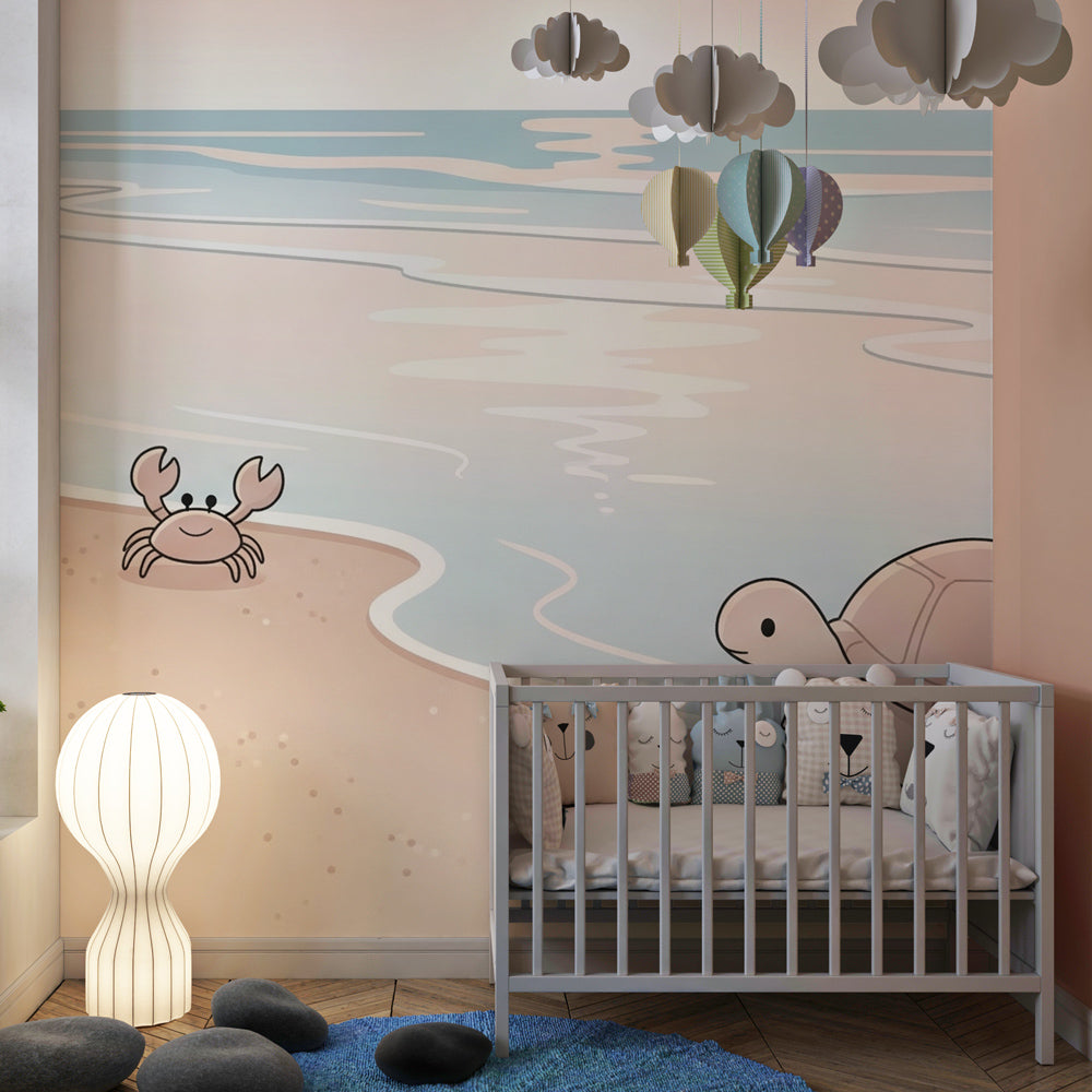 Ocean themed mural wallpaper featuring friendly sea creatures in modern kids playroom