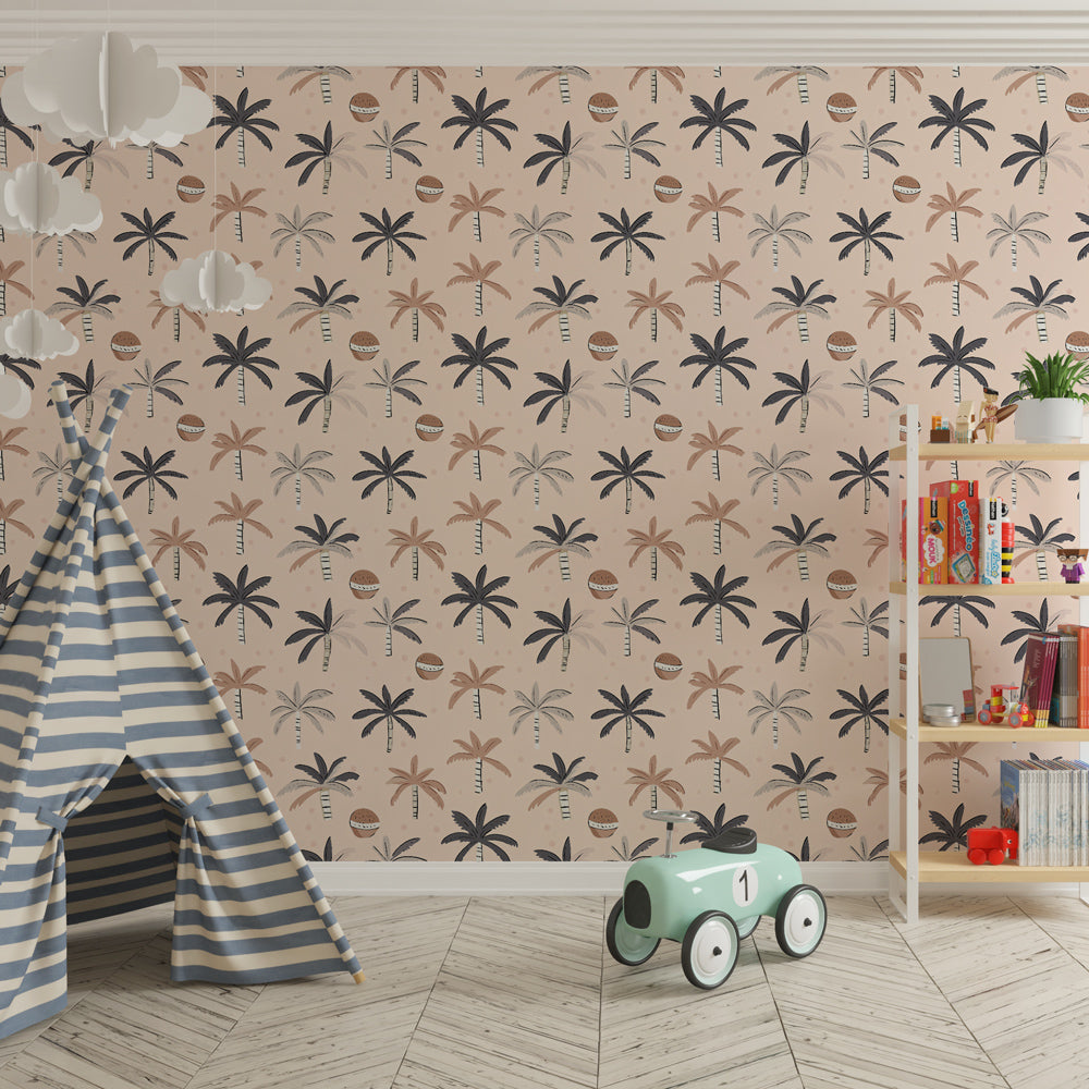 Exotic palm tree mural wallpaper with soft pastels for kids playroom decor by Kids-Mundo
