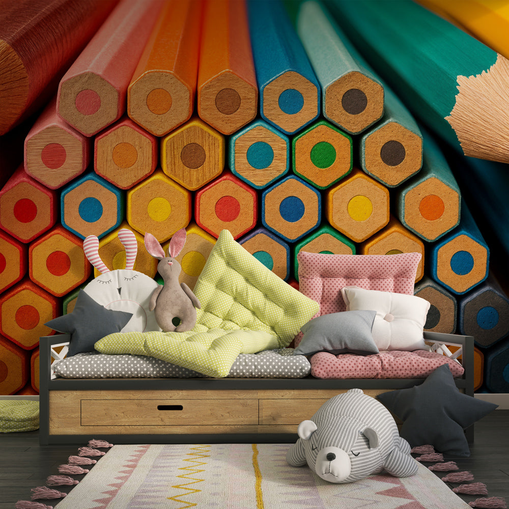 Vibrant pencils wallpaper accent wall in colorful kids bedroom decor