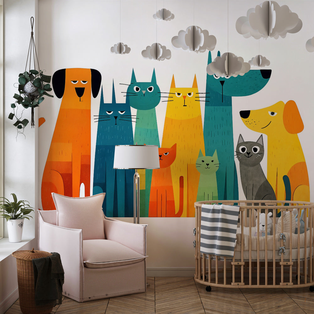 Geometric cats and dogs wallpaper adding cheerful colors to modern nursery space by Kids-Mundo