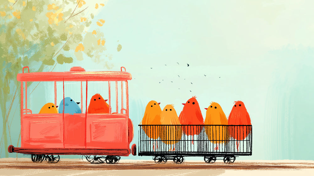Detailed colorful birds train mural wallpaper design pattern by Kids-Mundo