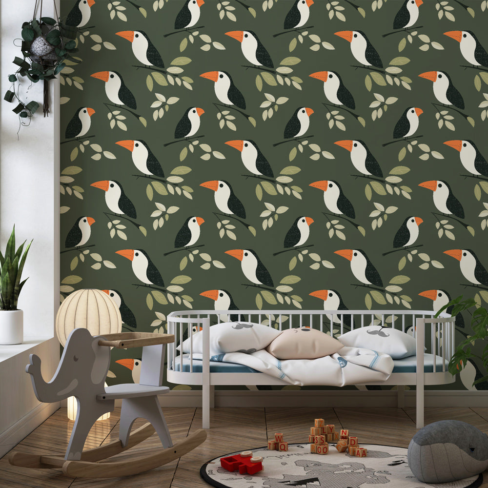 Nature-themed birds wallpaper transforming kids playroom into enchanting space