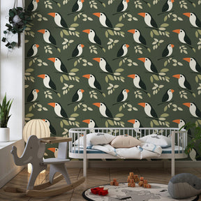 Nature-themed birds wallpaper transforming kids playroom into enchanting space