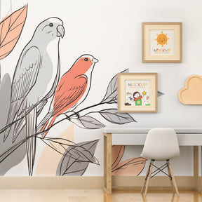 Delicate bird branch mural wallpaper for kids playroom featuring soft blue and pink colors