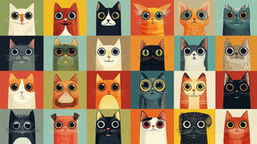 Detailed colorful cats mural wallpaper design pattern showing whimsical feline characters by Kids-Mundo