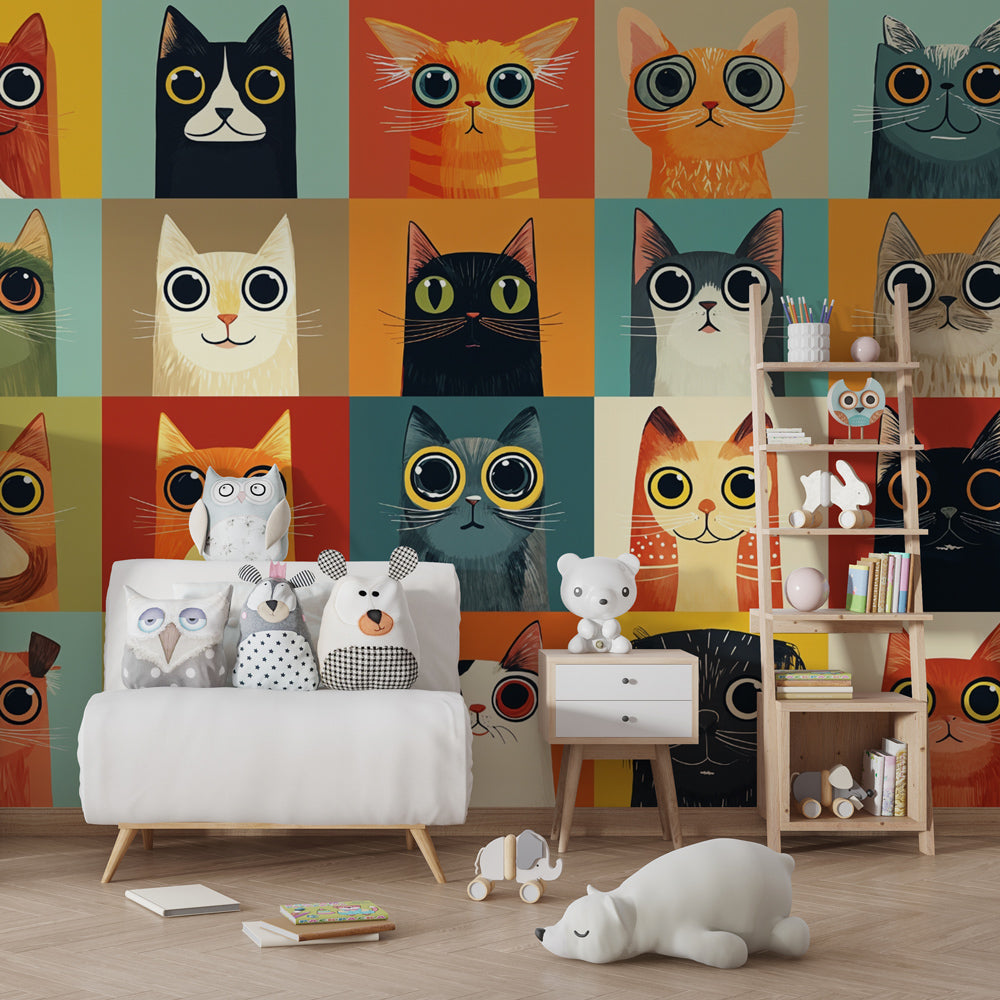 Vibrant cat wallpaper transforming children's bedroom with expressive feline motifs and bright colors