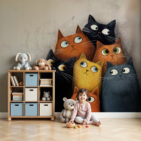 Colorful cats mural wallpaper in bright nursery room with artistic feline illustrations by Kids-Mundo