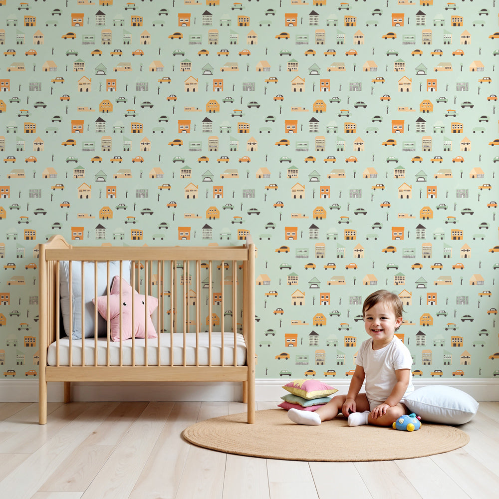 Colorful city mural wallpaper with cars and buildings in modern nursery by Kids-Mundo