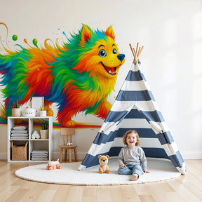 Colorful pop art dog mural wallpaper creating vibrant focal wall in modern kids nursery by Kids-Mundo