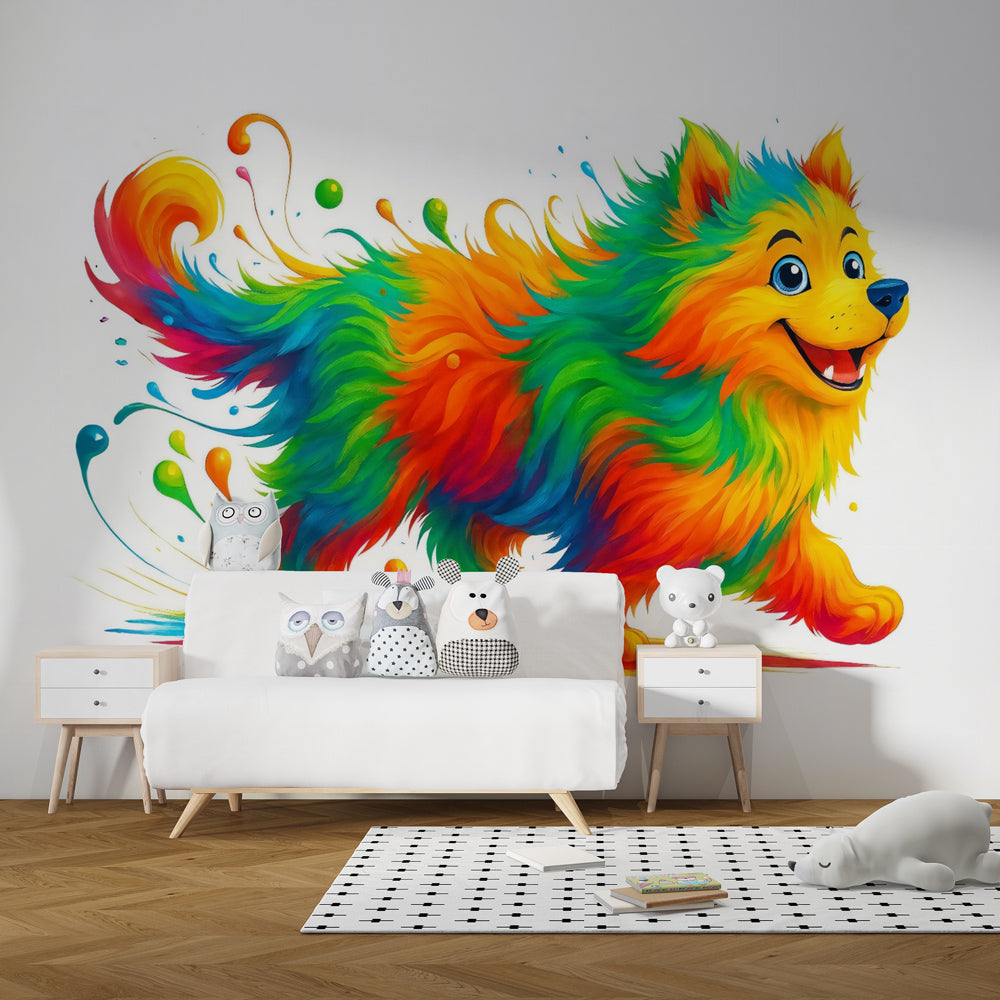 Pop art dog mural wallpaper adding energy and joy to kids playroom interior design