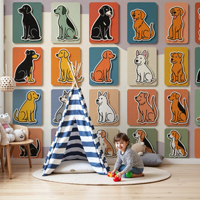 Colorful dogs mural wallpaper in bright nursery setting with modern furniture by Kids-Mundo