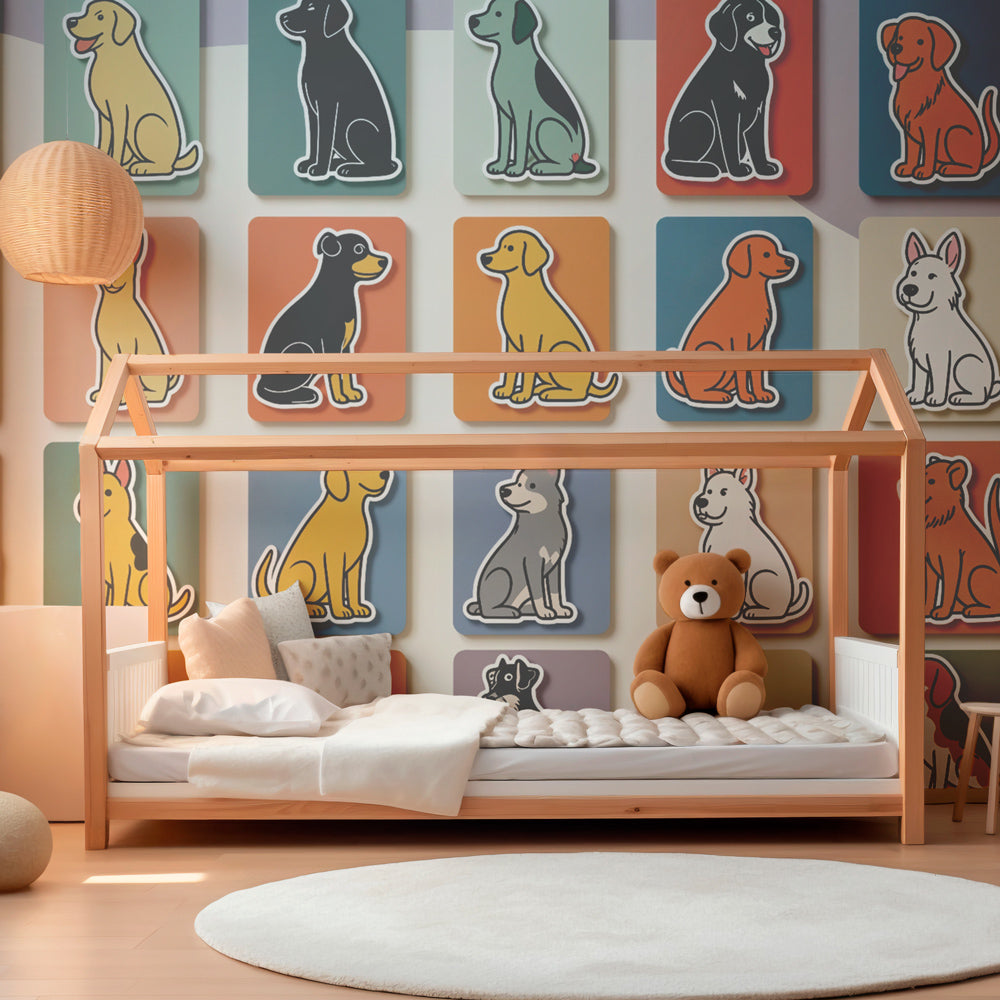 Vibrant dog themed wallpaper creating joyful play area for kids room decor
