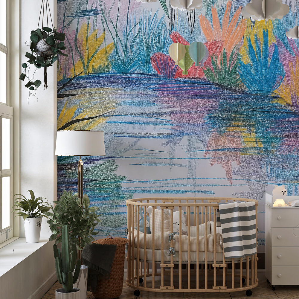 River landscape mural wallpaper transforming children's playroom with bright nature colors