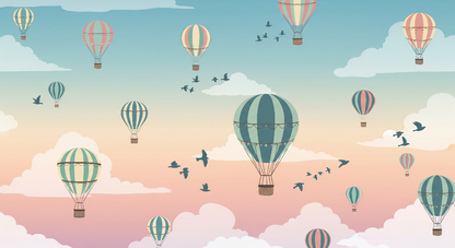 Kids-Mundo flat artwork of colourful hot air balloons and birds in a pastel sky.
