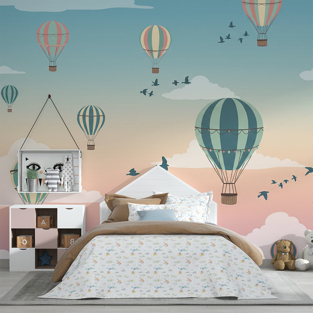 Kids-Mundo colourful balloon wall mural bringing playful energy to a children's playroom.