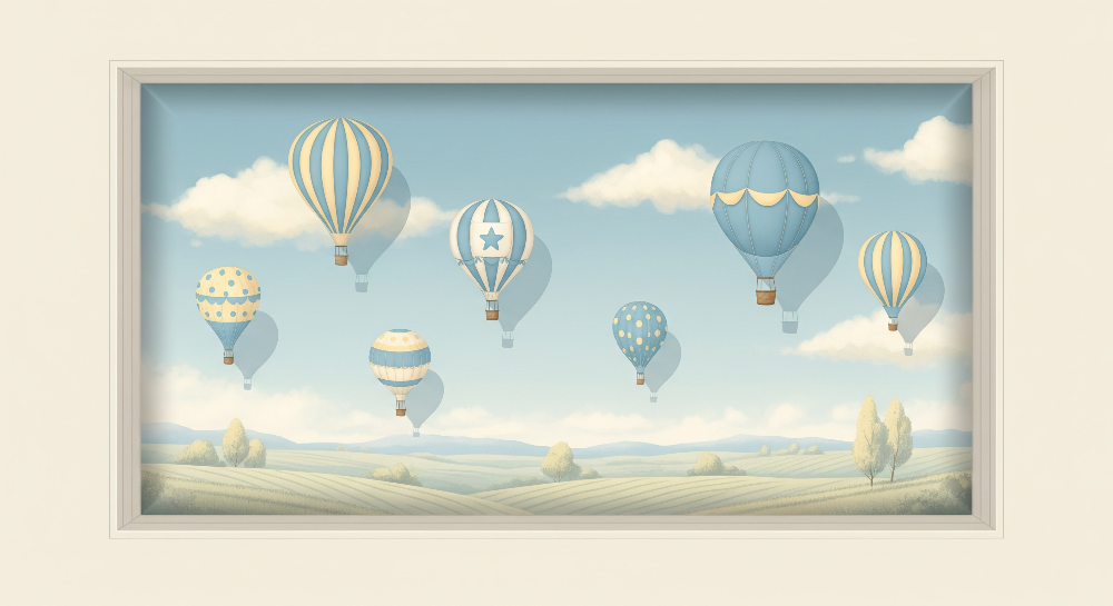 Kids-Mundo flat artwork of seven colourful hot air balloons floating above green countryside fields