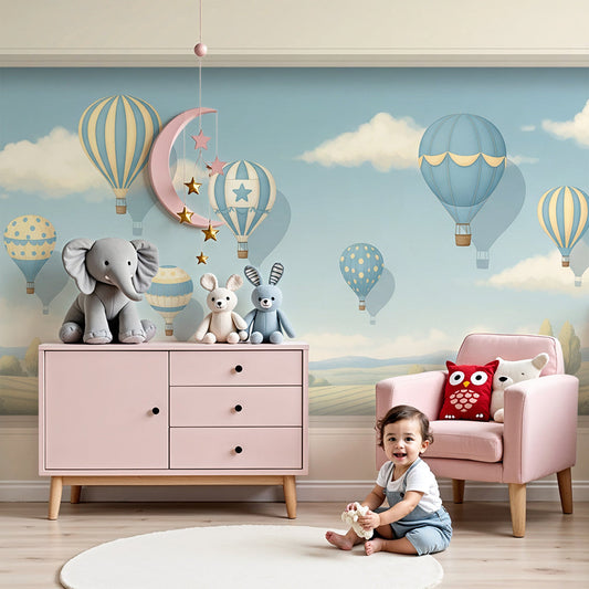 Kids-Mundo colourful hot air balloon wall mural styled behind a cot in a bright playful nursery