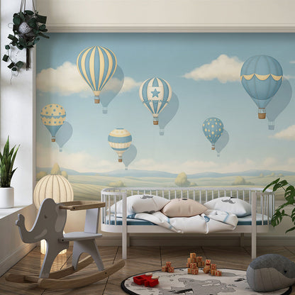 Kids-Mundo colourful hot air balloon wall mural brightening a lively children's playroom wall